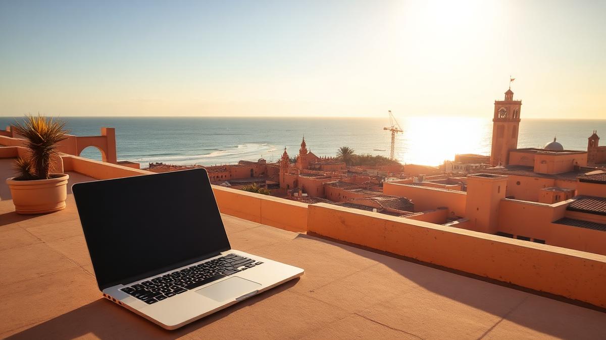 Laptop on a Moroccan terrace facing the ocean — custom website development Morocco
